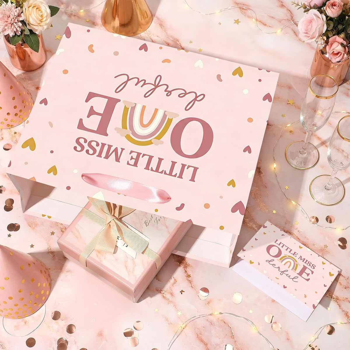 Baby Girl 1st Birthday Gift Bag Little Miss Onederful Gift Bag with Greeting Card and Tissue Papers Pastel Pink Heart First Birthday Wrapping Paper Bag for Girls Newborn Baby Shower One Year Old Party