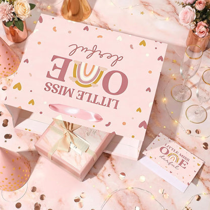 Baby Girl 1st Birthday Gift Bag Little Miss Onederful Gift Bag with Greeting Card and Tissue Papers Pastel Pink Heart First Birthday Wrapping Paper Bag for Girls Newborn Baby Shower One Year Old Party