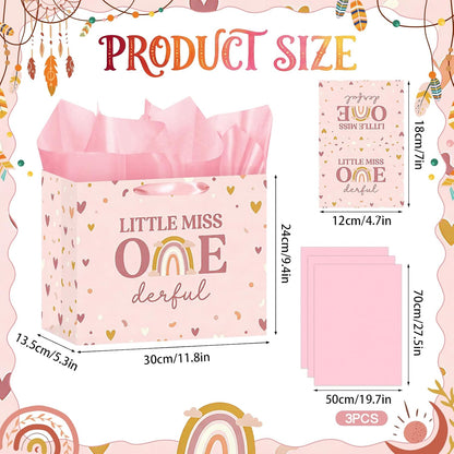 Baby Girl 1st Birthday Gift Bag Little Miss Onederful Gift Bag with Greeting Card and Tissue Papers Pastel Pink Heart First Birthday Wrapping Paper Bag for Girls Newborn Baby Shower One Year Old Party