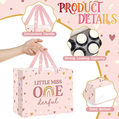 Baby Girl 1st Birthday Gift Bag Little Miss Onederful Gift Bag with Greeting Card and Tissue Papers Pastel Pink Heart First Birthday Wrapping Paper Bag for Girls Newborn Baby Shower One Year Old Party