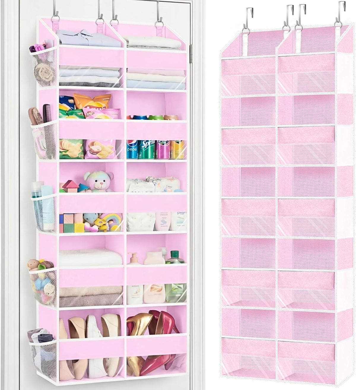 Pink Over The Door Organizer 5 Tiers, Extra Large Behind Door Storage of 10 Compartments, 50 lbs Weight Capacity Over The Door Storage for Closet, Diaper Organizer