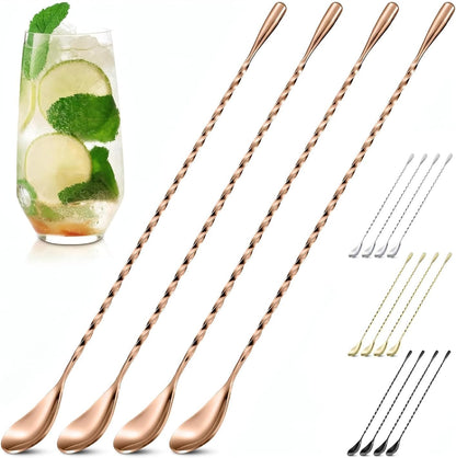 Rose Gold Bar Spoon Set of 4, 12 In, Stainless Steel, Spiral-Pattern Stem