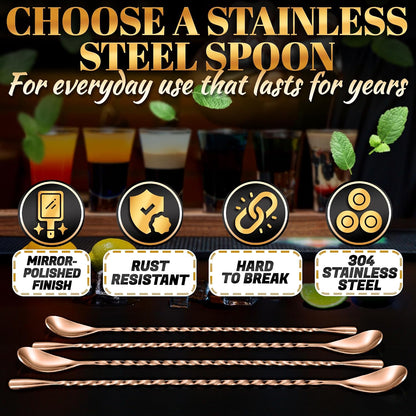 Rose Gold Bar Spoon Set of 4, 12 In, Stainless Steel, Spiral-Pattern Stem