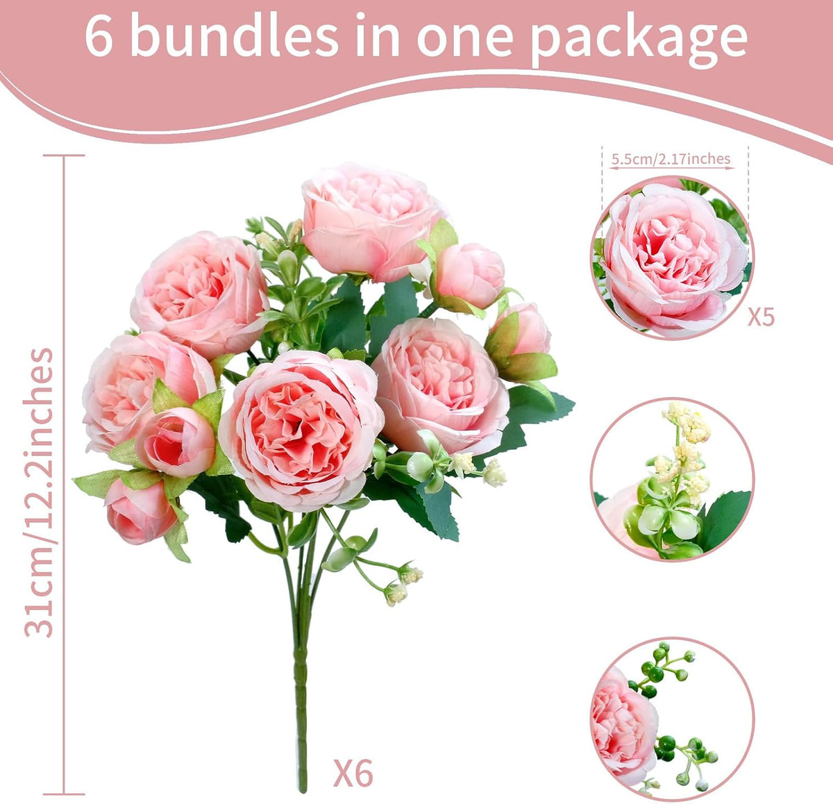 6 Pcs Peonies Artificial Flowers, Pink Flowers for Centerpieces