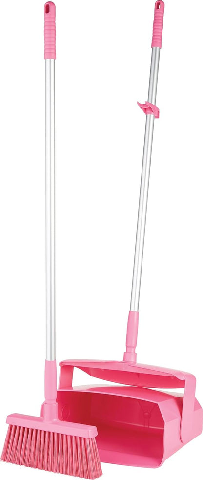 A Vikan Company 62501 Lobby Dustpan with Broom, Polypropylene/Polyester/Aluminum, 7" X 14" Bin, 37" Handle, Pink