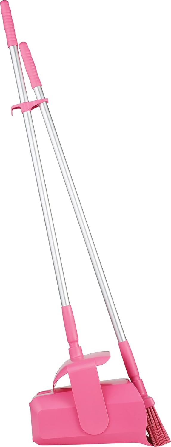 A Vikan Company 62501 Lobby Dustpan with Broom, Polypropylene/Polyester/Aluminum, 7" X 14" Bin, 37" Handle, Pink