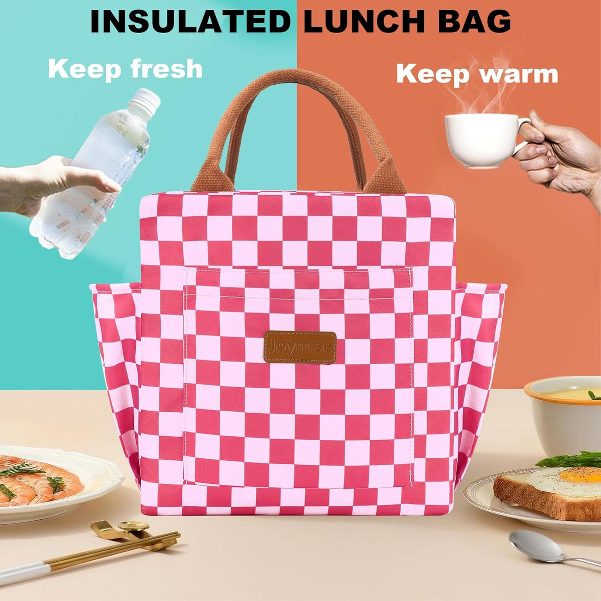 Lunch Bag Women, Reusable Leakproof Cooler Tote - Checker Pink