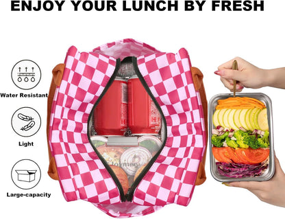 Lunch Bag Women, Reusable Leakproof Cooler Tote - Checker Pink