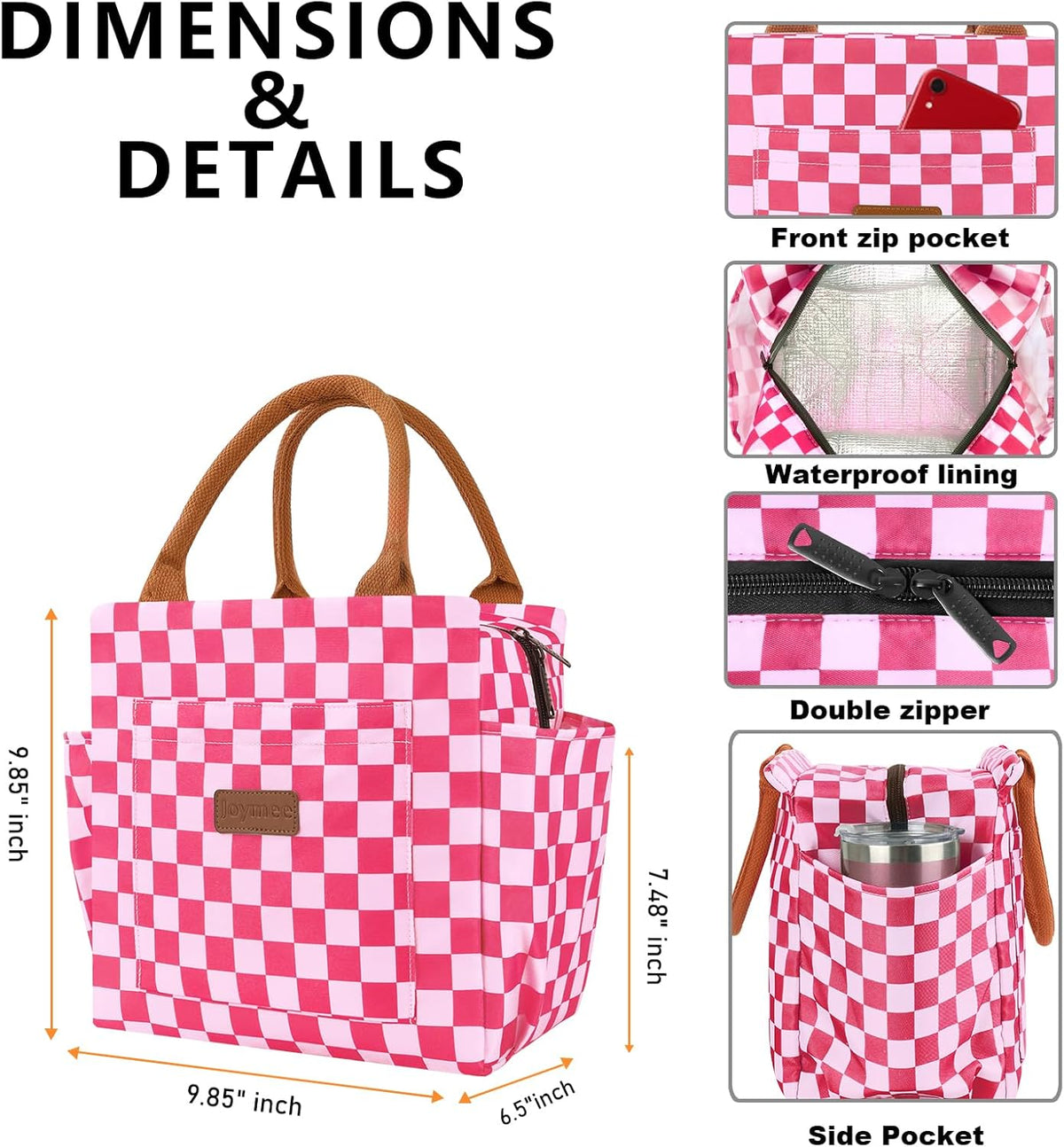 Lunch Bag Women, Reusable Leakproof Cooler Tote - Checker Pink