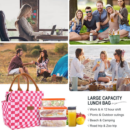 Lunch Bag Women, Reusable Leakproof Cooler Tote - Checker Pink