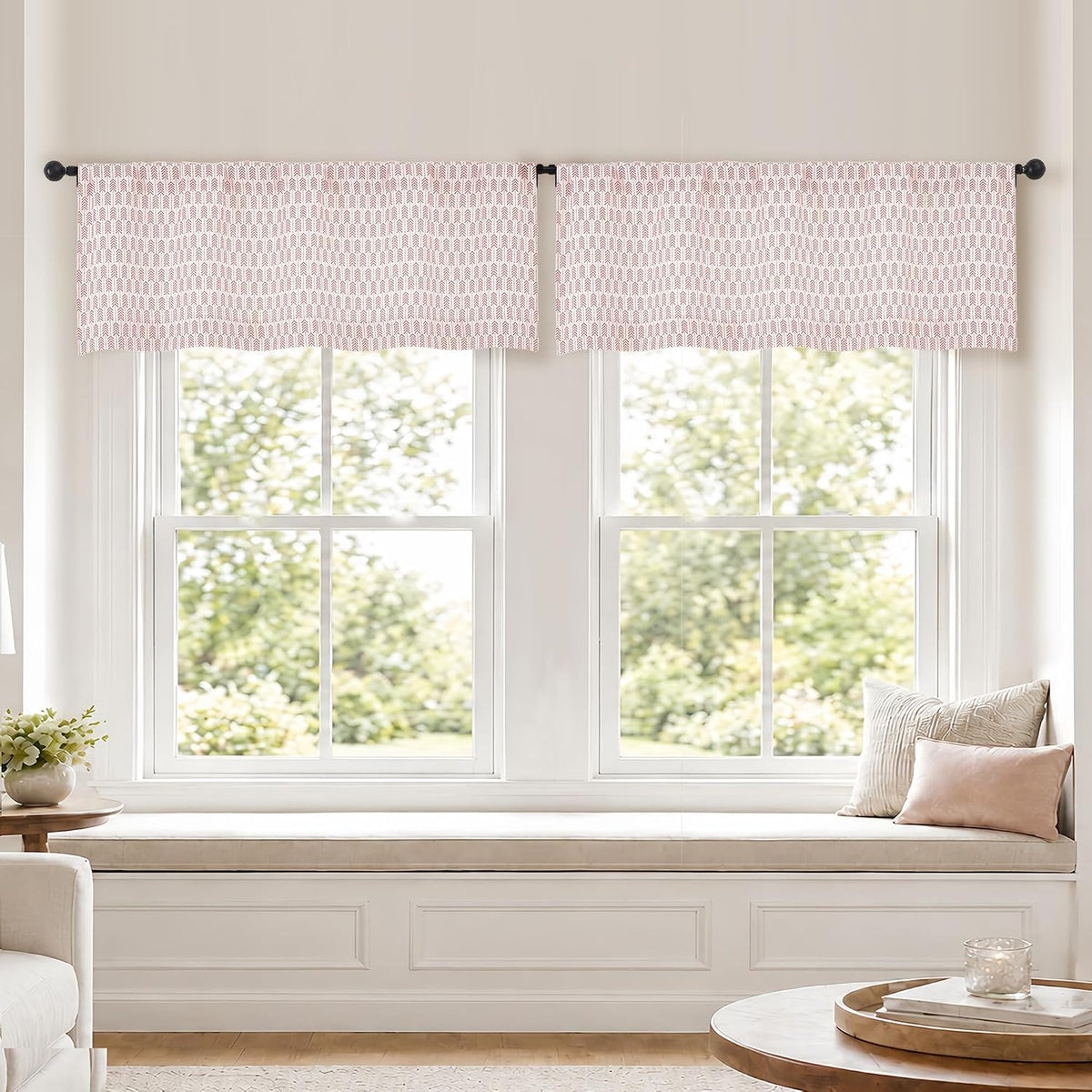 Pink Valances for Windows 14 Inch Length 2 Pcs, Light Filtering Faux Linen Modern Window Valances, Arrow Pattern Rod Pocket Small Curtains for Bedroom Bathroom Basement, 52" W x 14" L