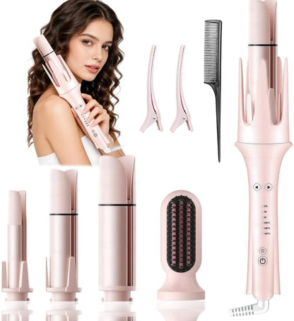 4 in 1 Automatic Curling Iron, Rotating Auto Hair Curler with 1" 1.25" 1.5" Barrels & Straightening Brush, 3 Temp 3 Timer, Ionic Ceramic, Anti-Scald, 60 Min Auto Shut-Off(Cherry Blossom Pink)
