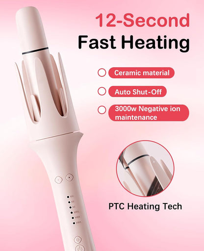 4 in 1 Automatic Curling Iron, Rotating Auto Hair Curler with 1" 1.25" 1.5" Barrels & Straightening Brush, 3 Temp 3 Timer, Ionic Ceramic, Anti-Scald, 60 Min Auto Shut-Off(Cherry Blossom Pink)