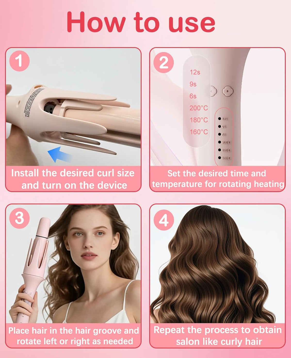4 in 1 Automatic Curling Iron, Rotating Auto Hair Curler with 1" 1.25" 1.5" Barrels & Straightening Brush, 3 Temp 3 Timer, Ionic Ceramic, Anti-Scald, 60 Min Auto Shut-Off(Cherry Blossom Pink)