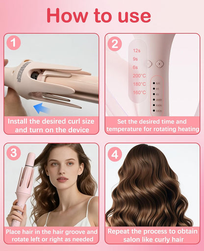4 in 1 Automatic Curling Iron, Rotating Auto Hair Curler with 1" 1.25" 1.5" Barrels & Straightening Brush, 3 Temp 3 Timer, Ionic Ceramic, Anti-Scald, 60 Min Auto Shut-Off(Cherry Blossom Pink)