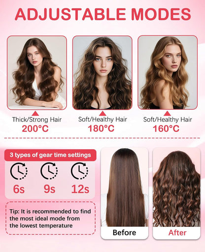 4 in 1 Automatic Curling Iron, Rotating Auto Hair Curler with 1" 1.25" 1.5" Barrels & Straightening Brush, 3 Temp 3 Timer, Ionic Ceramic, Anti-Scald, 60 Min Auto Shut-Off(Cherry Blossom Pink)