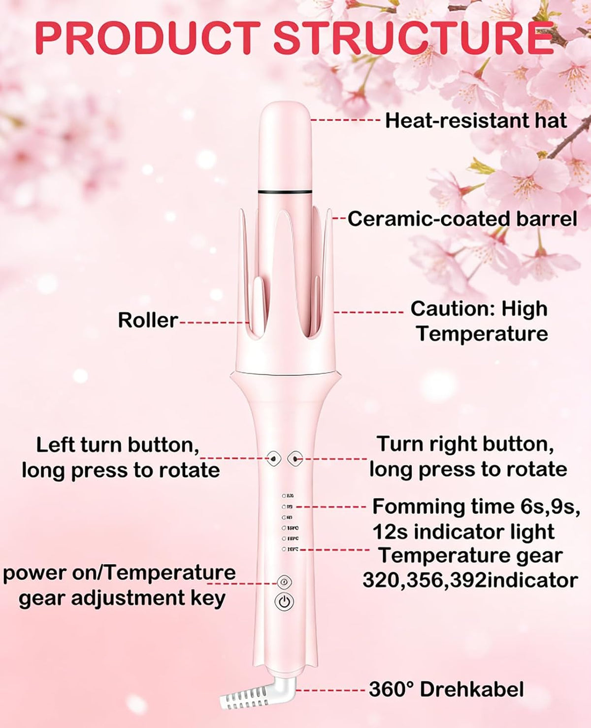 4 in 1 Automatic Curling Iron, Rotating Auto Hair Curler with 1" 1.25" 1.5" Barrels & Straightening Brush, 3 Temp 3 Timer, Ionic Ceramic, Anti-Scald, 60 Min Auto Shut-Off(Cherry Blossom Pink)