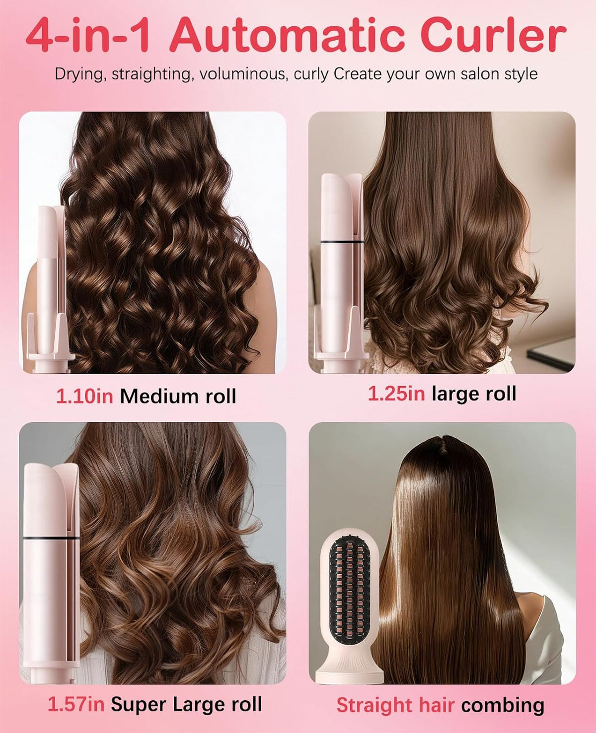 4 in 1 Automatic Curling Iron, Rotating Auto Hair Curler with 1" 1.25" 1.5" Barrels & Straightening Brush, 3 Temp 3 Timer, Ionic Ceramic, Anti-Scald, 60 Min Auto Shut-Off(Cherry Blossom Pink)