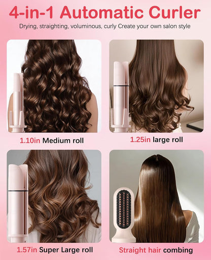4 in 1 Automatic Curling Iron, Rotating Auto Hair Curler with 1" 1.25" 1.5" Barrels & Straightening Brush, 3 Temp 3 Timer, Ionic Ceramic, Anti-Scald, 60 Min Auto Shut-Off(Cherry Blossom Pink)