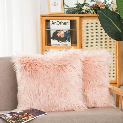 Set of 2 Decorative Faux Fur Throw Pillow Covers, Pale Pink Fluffy Soft Fuzzy Square Cushion Cover Pillow Case for Sofa, Couch, Chair, Bed, Cafe, 18 x 18 Inches