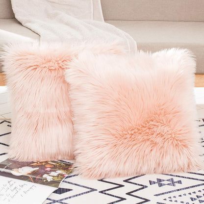 Set of 2 Decorative Faux Fur Throw Pillow Covers, Pale Pink Fluffy Soft Fuzzy Square Cushion Cover Pillow Case for Sofa, Couch, Chair, Bed, Cafe, 18 x 18 Inches