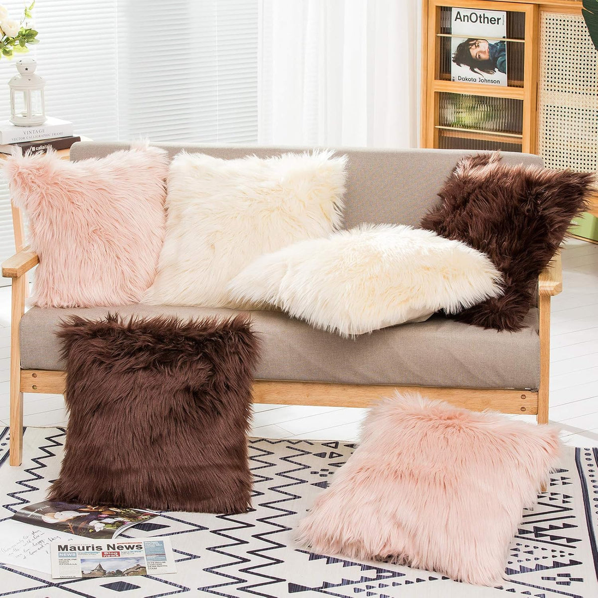 Set of 2 Decorative Faux Fur Throw Pillow Covers, Pale Pink Fluffy Soft Fuzzy Square Cushion Cover Pillow Case for Sofa, Couch, Chair, Bed, Cafe, 18 x 18 Inches