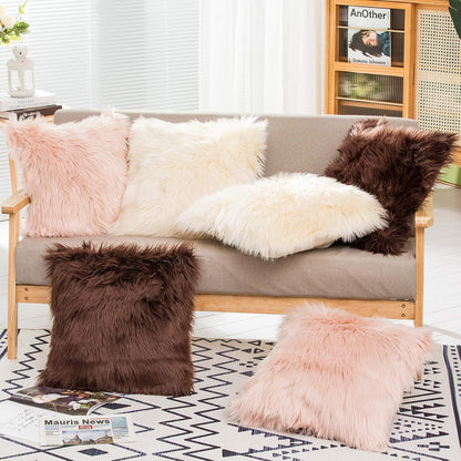 Set of 2 Decorative Faux Fur Throw Pillow Covers, Pale Pink Fluffy Soft Fuzzy Square Cushion Cover Pillow Case for Sofa, Couch, Chair, Bed, Cafe, 18 x 18 Inches