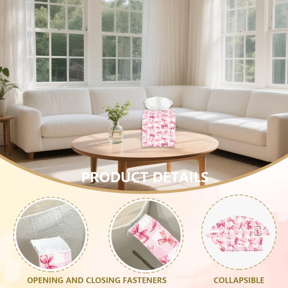 Pink Bow Tissue Box Holder Leather Square Foldable Facial Paper Decorative Tissue Box Cover Paper Towel Case Container Organizer for Tabletop Bathroom Nightstands Home Kitchen Car Office