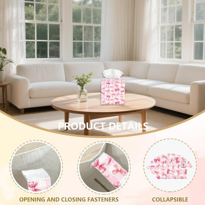 Pink Bow Tissue Box Holder Leather Square Foldable Facial Paper Decorative Tissue Box Cover Paper Towel Case Container Organizer for Tabletop Bathroom Nightstands Home Kitchen Car Office