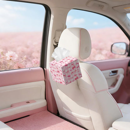 Pink Bow Tissue Box Holder Leather Square Foldable Facial Paper Decorative Tissue Box Cover Paper Towel Case Container Organizer for Tabletop Bathroom Nightstands Home Kitchen Car Office