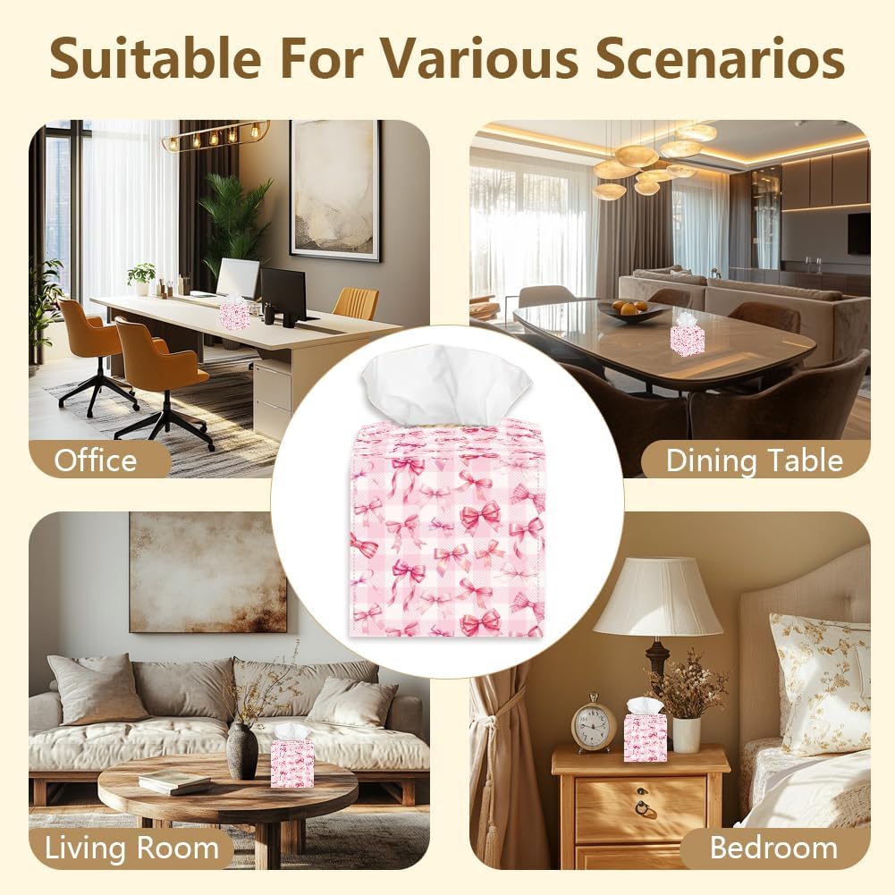 Pink Bow Tissue Box Holder Leather Square Foldable Facial Paper Decorative Tissue Box Cover Paper Towel Case Container Organizer for Tabletop Bathroom Nightstands Home Kitchen Car Office