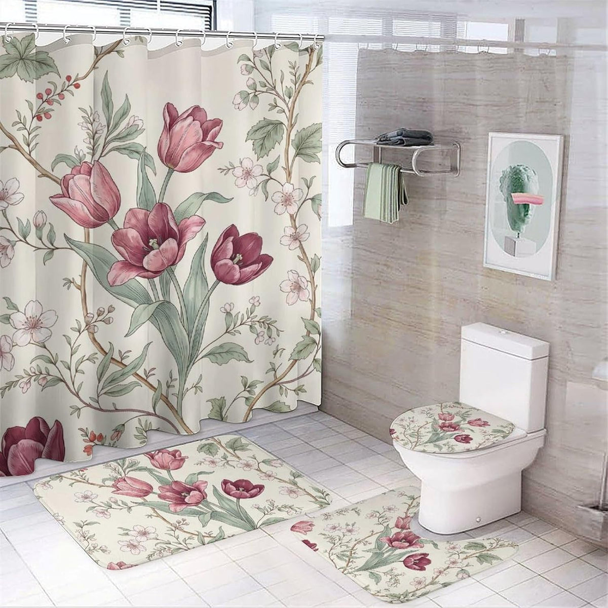 4 Piece Bathroom Sets with Toilet Lid Cover Botanical Pink Tulip in Cream Waterproof Bathroom Decor Accessories with 12 Hooks Rustic Housewarming Gift