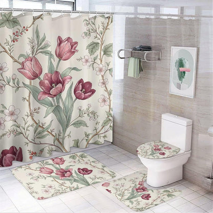 4 Piece Bathroom Sets with Toilet Lid Cover Botanical Pink Tulip in Cream Waterproof Bathroom Decor Accessories with 12 Hooks Rustic Housewarming Gift