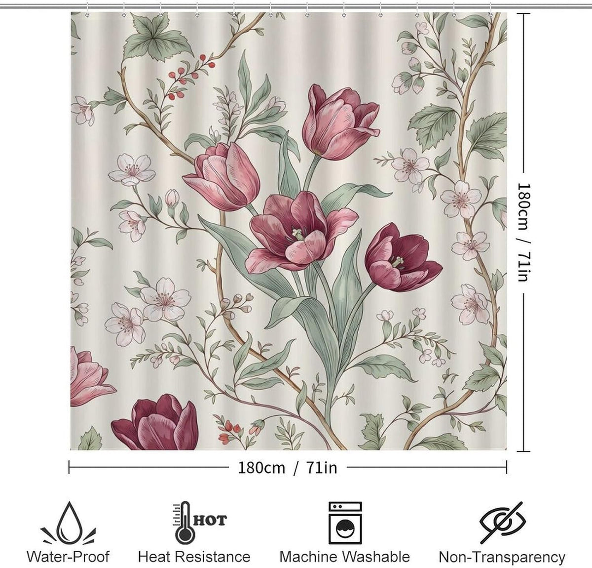 4 Piece Bathroom Sets with Toilet Lid Cover Botanical Pink Tulip in Cream Waterproof Bathroom Decor Accessories with 12 Hooks Rustic Housewarming Gift