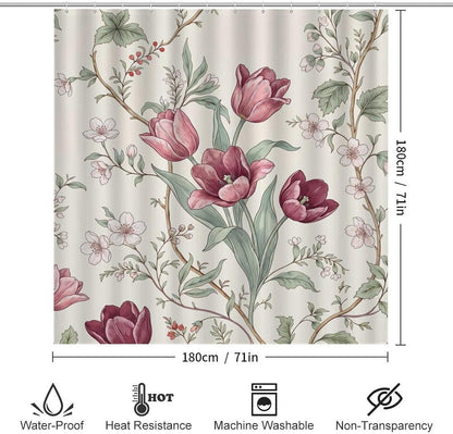 4 Piece Bathroom Sets with Toilet Lid Cover Botanical Pink Tulip in Cream Waterproof Bathroom Decor Accessories with 12 Hooks Rustic Housewarming Gift