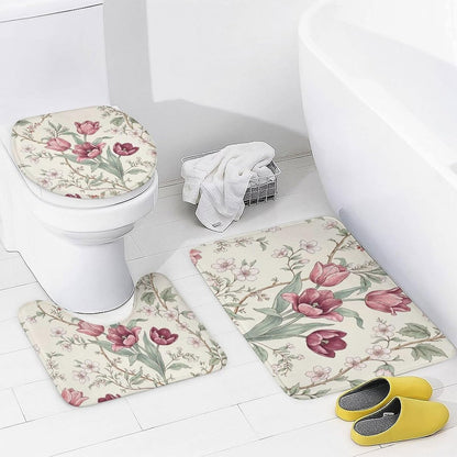 4 Piece Bathroom Sets with Toilet Lid Cover Botanical Pink Tulip in Cream Waterproof Bathroom Decor Accessories with 12 Hooks Rustic Housewarming Gift