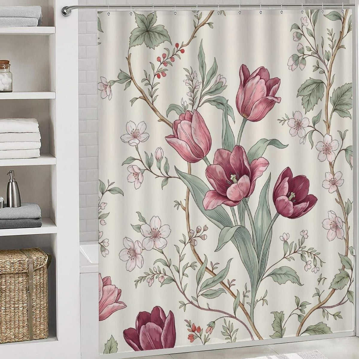 4 Piece Bathroom Sets with Toilet Lid Cover Botanical Pink Tulip in Cream Waterproof Bathroom Decor Accessories with 12 Hooks Rustic Housewarming Gift
