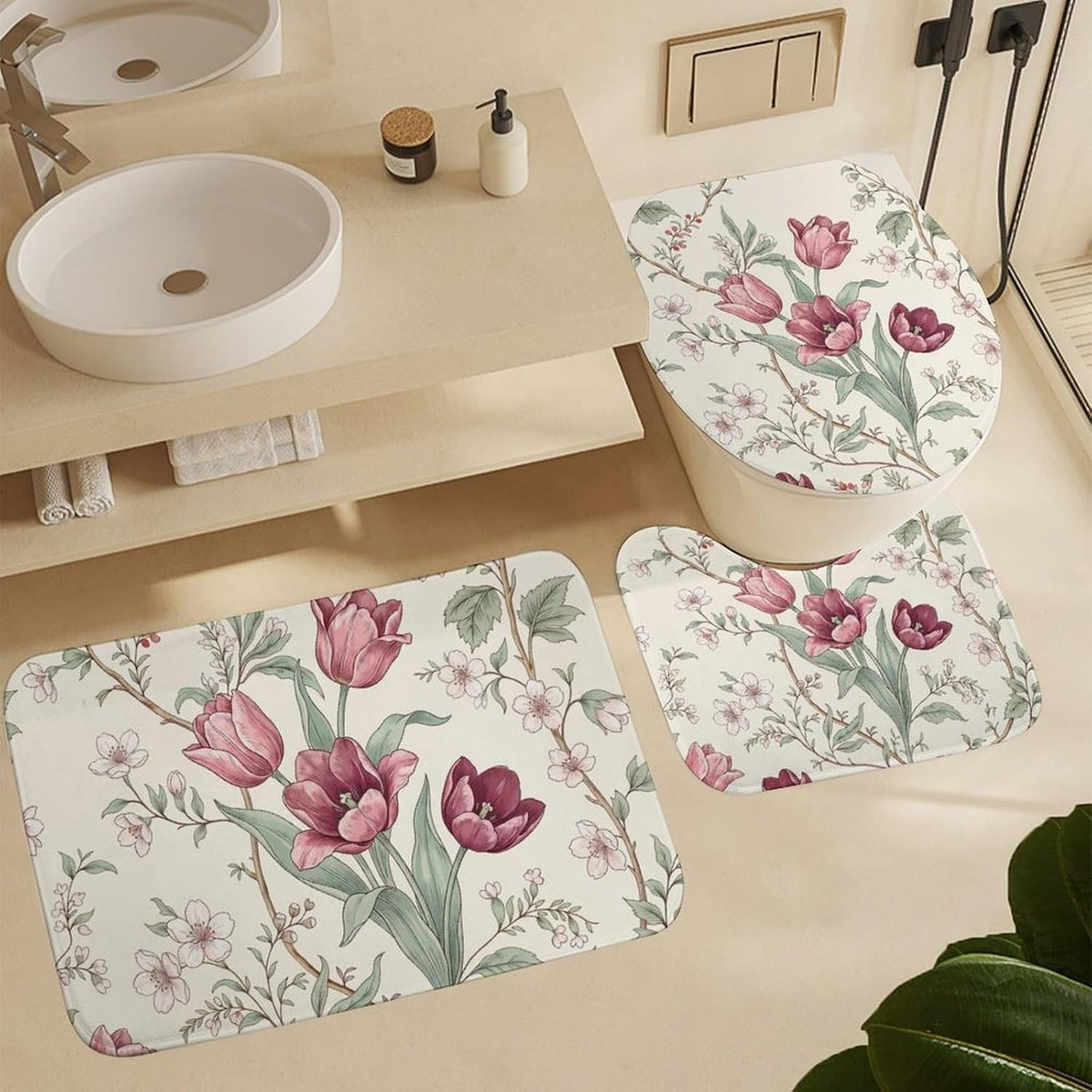 4 Piece Bathroom Sets with Toilet Lid Cover Botanical Pink Tulip in Cream Waterproof Bathroom Decor Accessories with 12 Hooks Rustic Housewarming Gift