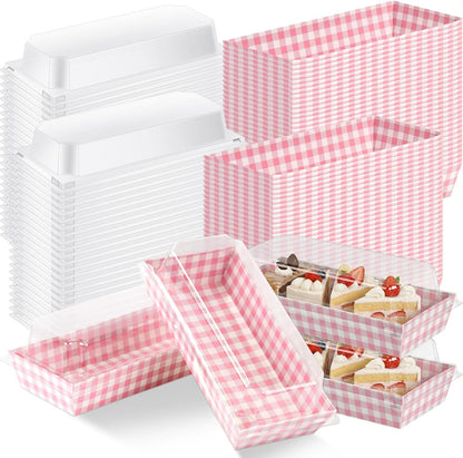 Bokon 50 Pack Pink Gingham Treat Boxes with Clear Lids, Window Dessert Boxes for Cookies Cupcakes Macarons, Disposable Bakery to Go Containers for Wedding Favors, Bridal Shower, Sweet 16 Party