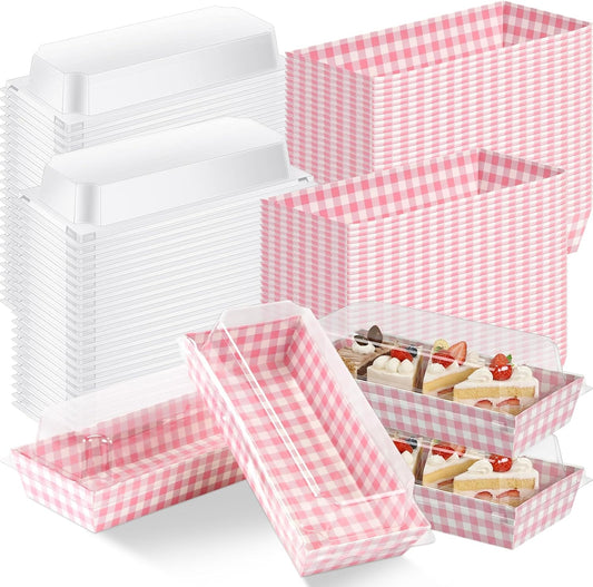 Bokon 50 Pack Pink Gingham Treat Boxes with Clear Lids, Window Dessert Boxes for Cookies Cupcakes Macarons, Disposable Bakery to Go Containers for Wedding Favors, Bridal Shower, Sweet 16 Party