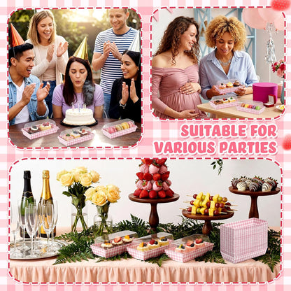 Bokon 50 Pack Pink Gingham Treat Boxes with Clear Lids, Window Dessert Boxes for Cookies Cupcakes Macarons, Disposable Bakery to Go Containers for Wedding Favors, Bridal Shower, Sweet 16 Party