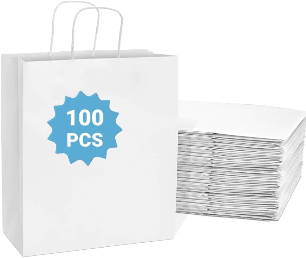COGLARING 100Pcs White Gift Bags with Handles - 11x5.9x11 Inch Kraft Paper Bags Bulk for Weddings, Parties, Retail & Gift Wrapping - White Paper Bag