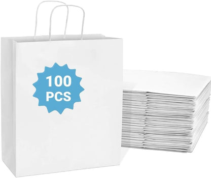 COGLARING 100Pcs White Gift Bags with Handles - 11x5.9x11 Inch Kraft Paper Bags Bulk for Weddings, Parties, Retail & Gift Wrapping - White Paper Bag