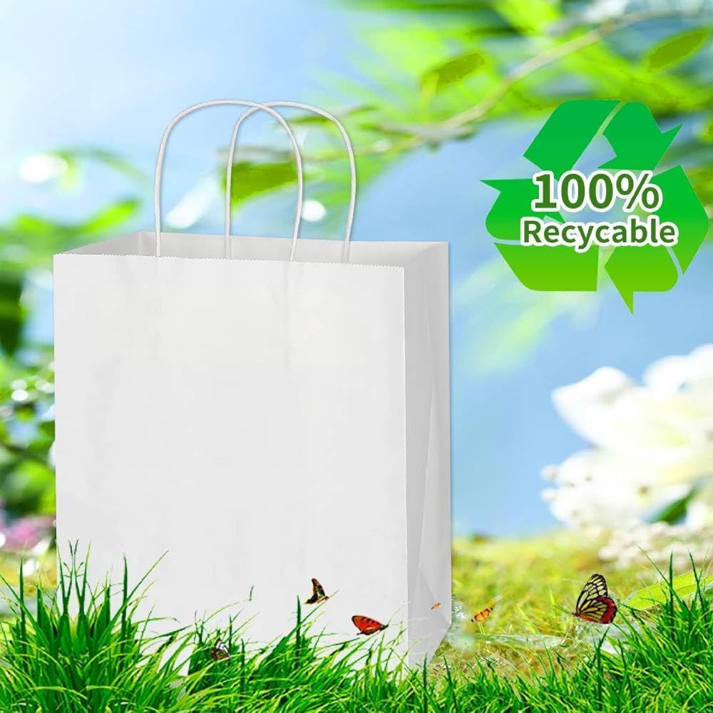 COGLARING 100Pcs White Gift Bags with Handles - 11x5.9x11 Inch Kraft Paper Bags Bulk for Weddings, Parties, Retail & Gift Wrapping - White Paper Bag