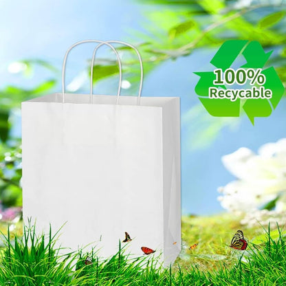 COGLARING 100Pcs White Gift Bags with Handles - 11x5.9x11 Inch Kraft Paper Bags Bulk for Weddings, Parties, Retail & Gift Wrapping - White Paper Bag