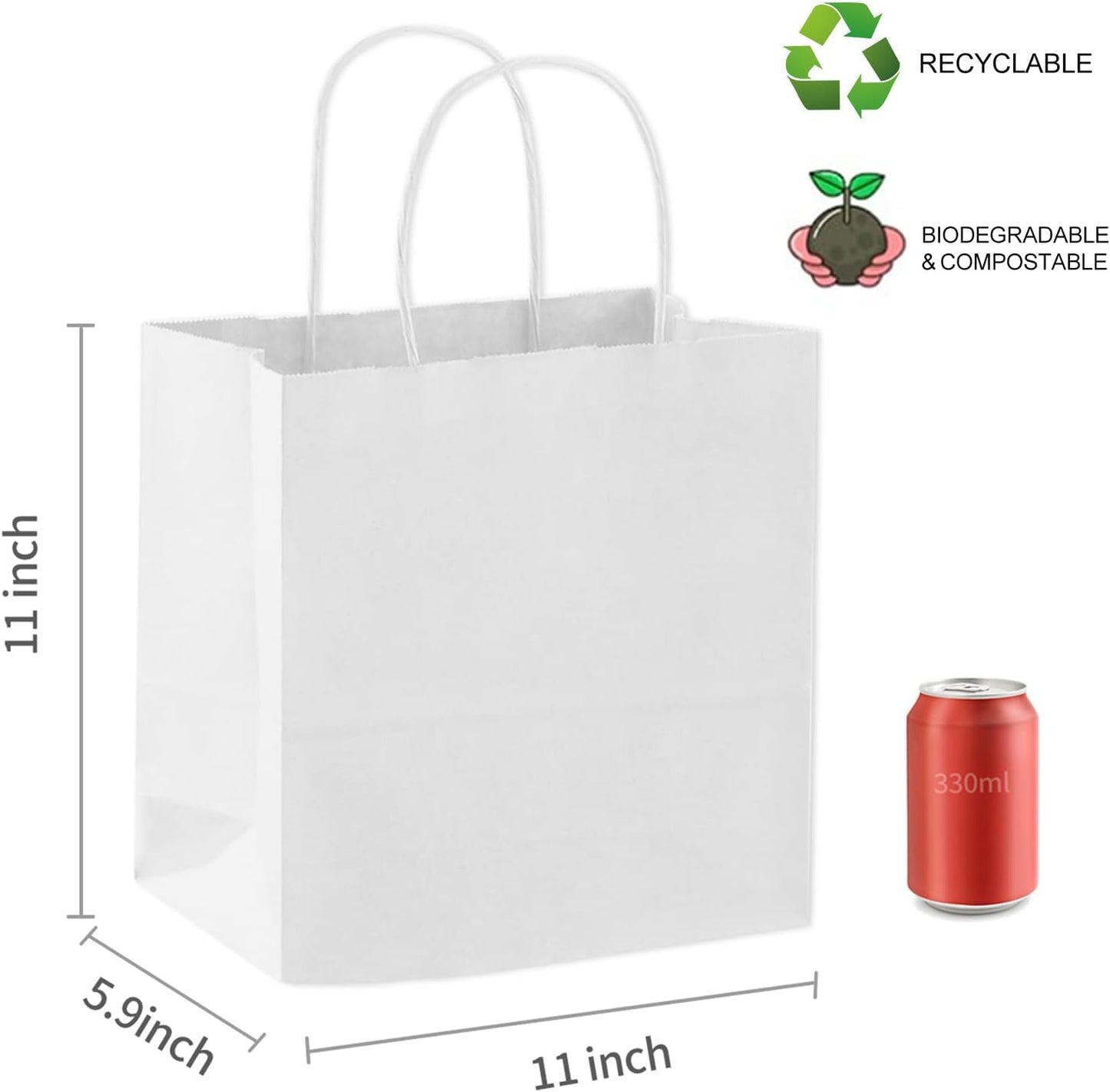 COGLARING 100Pcs White Gift Bags with Handles - 11x5.9x11 Inch Kraft Paper Bags Bulk for Weddings, Parties, Retail & Gift Wrapping - White Paper Bag