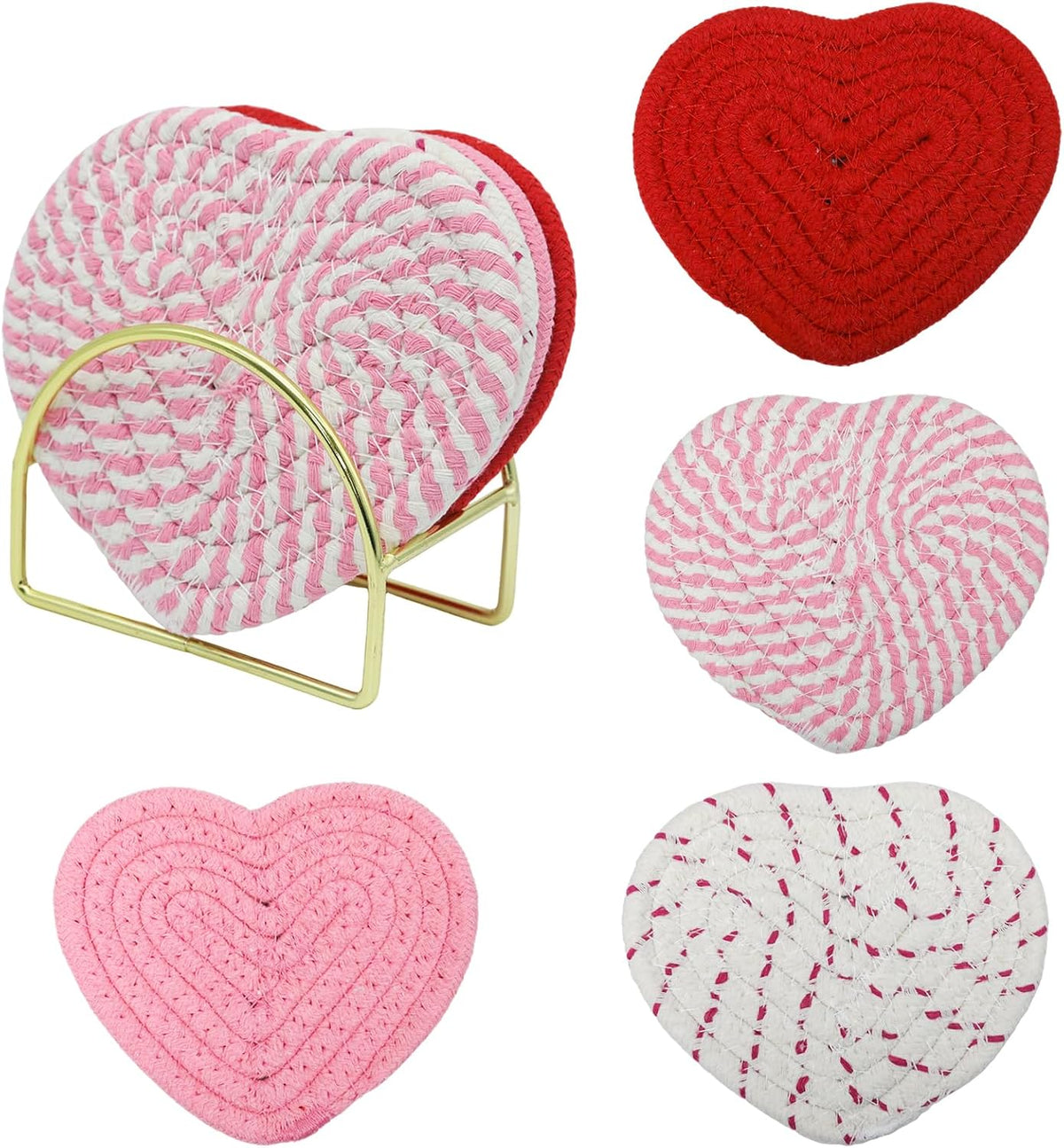 Set of 4 Pink Heart Coasters, Handmade Braided Cotton Coasters Cute Drink Accessories, Absorbent Cup Mat with Holder for Valentine's Day/Home Restaurant Housewarming
