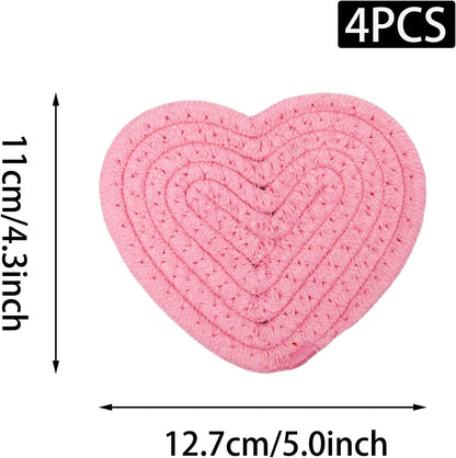 Set of 4 Pink Heart Coasters, Handmade Braided Cotton Coasters Cute Drink Accessories, Absorbent Cup Mat with Holder for Valentine's Day/Home Restaurant Housewarming