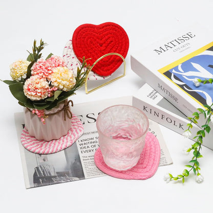 Set of 4 Pink Heart Coasters, Handmade Braided Cotton Coasters Cute Drink Accessories, Absorbent Cup Mat with Holder for Valentine's Day/Home Restaurant Housewarming
