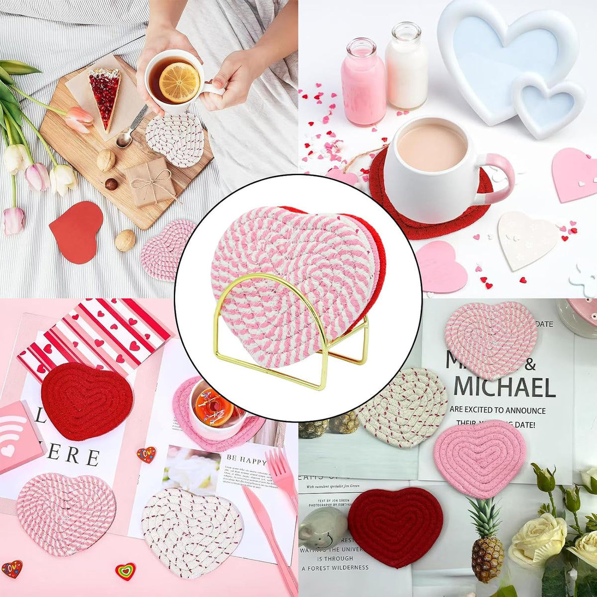 Set of 4 Pink Heart Coasters, Handmade Braided Cotton Coasters Cute Drink Accessories, Absorbent Cup Mat with Holder for Valentine's Day/Home Restaurant Housewarming